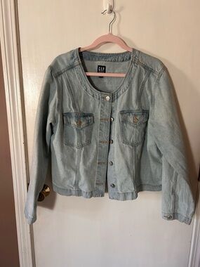 GAP Women's Light Wash Collarless Denim Jacket - Pale Blue